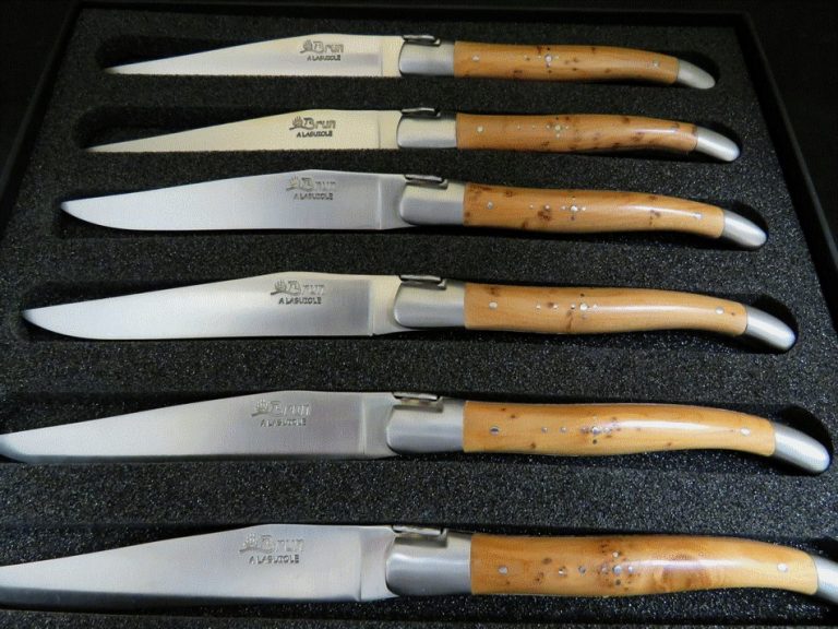 Set of 6 Laguiole table knives 2 stainless steel juniper wood bolsters