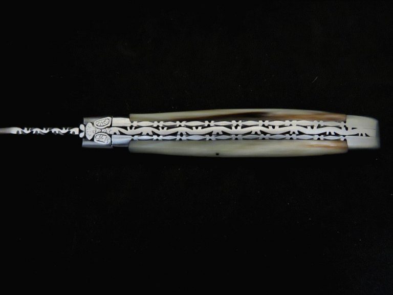 Laguiole 12 cm 1 pièce forgée doubles platines pointe de corne jaspée