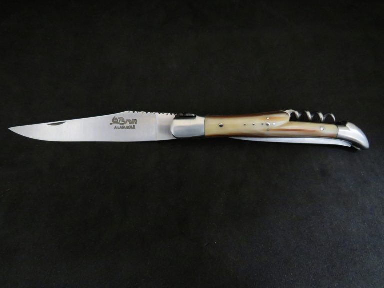 Laguiole 3 pièces abeille forgée pointe de corne marbrée