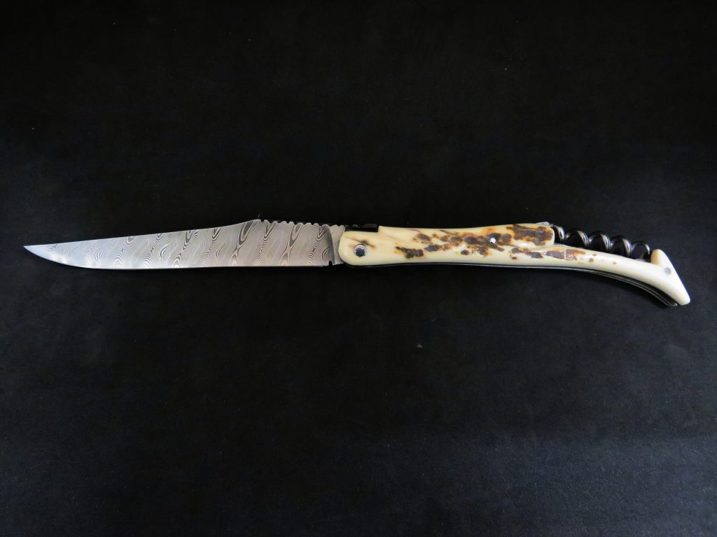 Laguiole forged 14 cm 2 pieces corkscrew mammoth ivory damascus blade